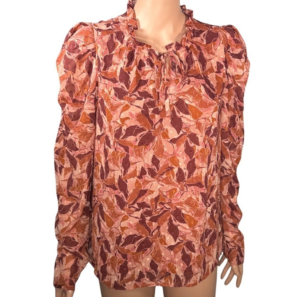Joie‎ Women L Rust Terracotta Floral Clip Dot Puff Sleeve Ruffle Neck Blouse Top